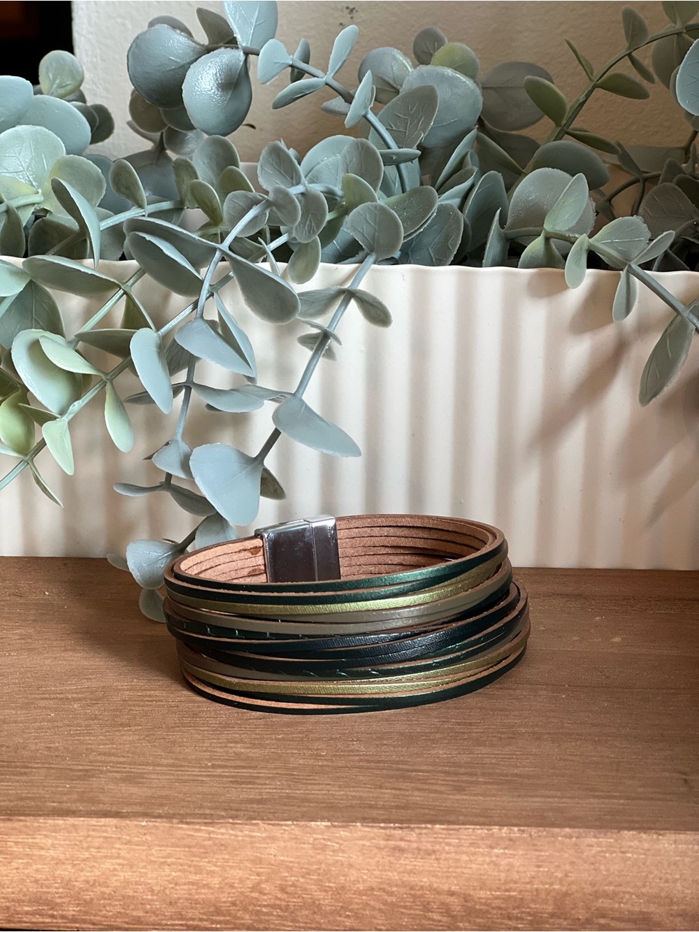 Multi-Strand Green Leather Wrap Magnetic Bracelet